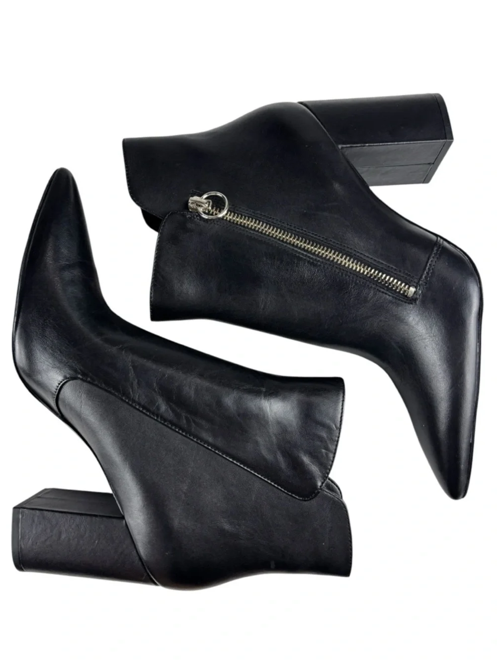 NINE WEST RUSSITY BLACK LEATHER POINTED TOE ASYMMETRIC ZIP ANKLE BOOTS BOOTIES